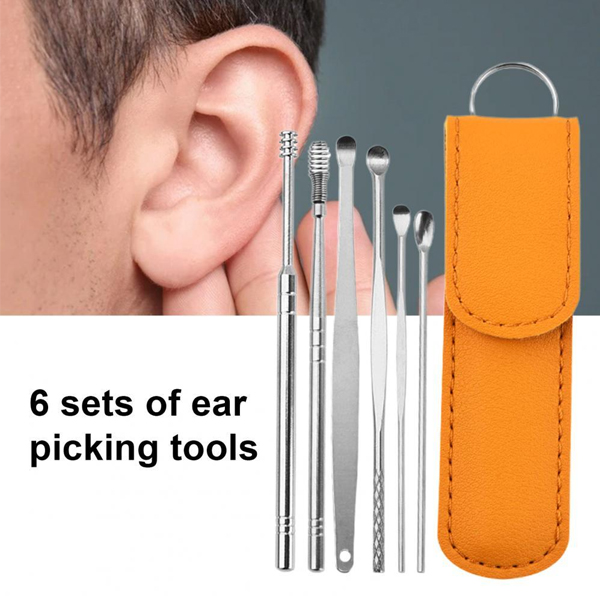 6pcs Ear Cleaning & Pick Set Portable Stainless Steel Set With Leather Case